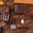 SHARPHY Coffret montre homme + ceinture + portefeuille + porte-clés + stylo – quartz mode brun cadeau de Noël-1