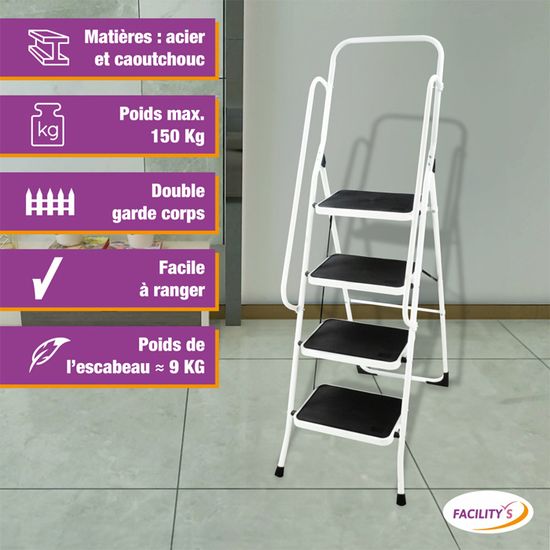 Escabeau 4 Marches Home Vida Pliable | Rampe Sécurité | Anti-Dérapant | 160 Cm