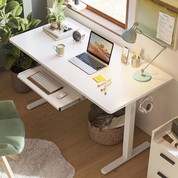 Bureau Assis-debout électrique Réglable 120x60 Cm - Avec étagère, Roulettes, Capacité 80 Kg, Blanc