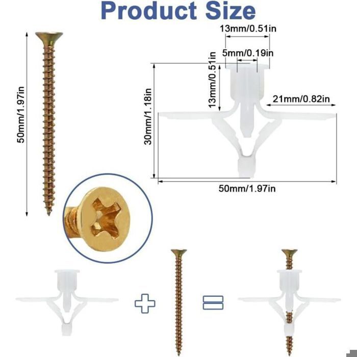 Kit 120 Chevilles + Vis Pour Plaques De Plâtre – 60 Chevilles Brique + 60 Vis Autoforeuses, DAJMAIEZ