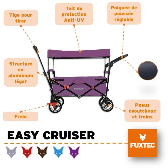 Chariot de transport enfant - FUXTEC Easy Cruiser - Pourpre - pliable  charge 75 kg