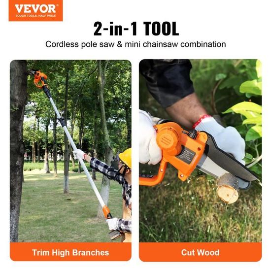 VOERJIA Élagueuse Sur Perche 2-en-1 6" & 8" Avec Mini Tronçonneuse - Extension 4,9m, Brushless, 2 Batteries 4.0Ah