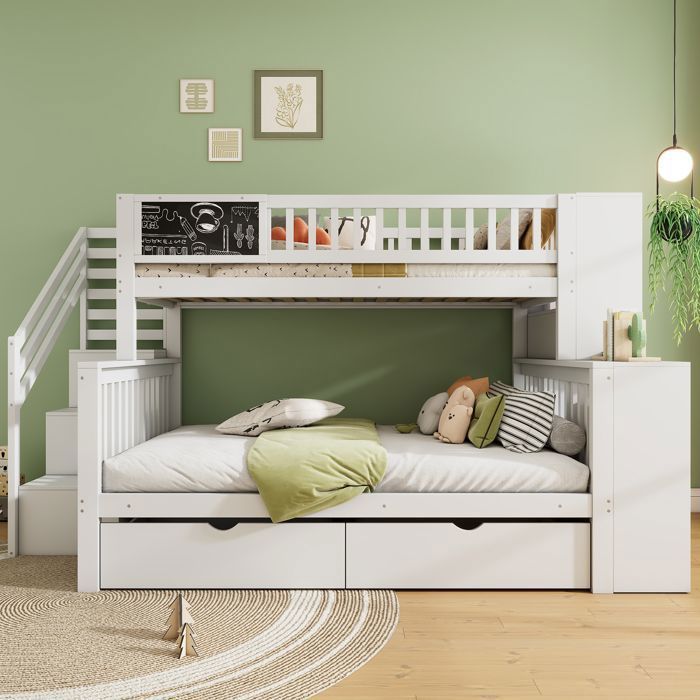 Lit Superposé Enfant 90x200 + 140x200 Cm – Pin Massif Et MDF, Blanc – Avec Escalier Rangement Et 2 Tiroirs – Sécurité Barrières Hautes – Sans Matelas