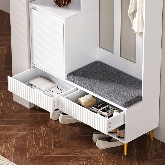 Azkoeesy Meuble Entrée Complet - Armoire Rangement Avec Banc, Miroir Et Crochets - 104x38.5x190 Cm