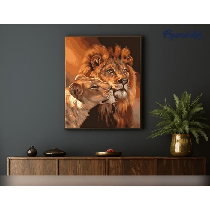 Figured'Art Peinture Par Numéros – Couple Lion Et Lionne – 40x50 Cm Toile Roulée – Kit Complet Acrylique, 3 Pinceaux, Pots – Loisir Créatif Anti-Stress