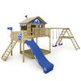 WICKEY Aire de jeux Portique bois Smart Ocean avec balançoire et toboggan bleu Maison enfant sur pilotis avec bac à sable-0