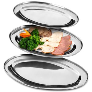 Lot De 3 Plats Ovales En Inox – Style Art Déco, Argenté Brillant, Années 80
