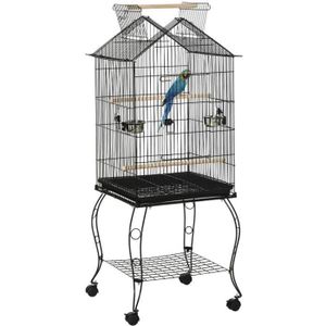 VOLIÈRE - CAGE OISEAU Cage à oiseaux sur pied 2 man 50x58x145cm Noir