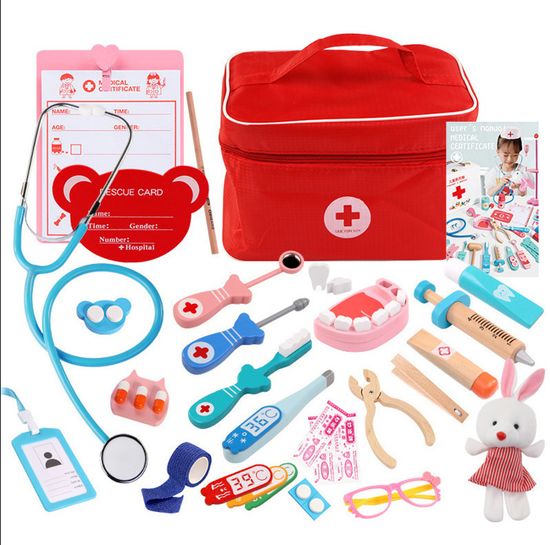 Malette Docteur Sundaymot – 33 Pièces Médecin/dentiste, Stéthoscope Réel, Blouse, Boîte En Bois, Cadeau Rôle Pour Enfant 3-4 Ans