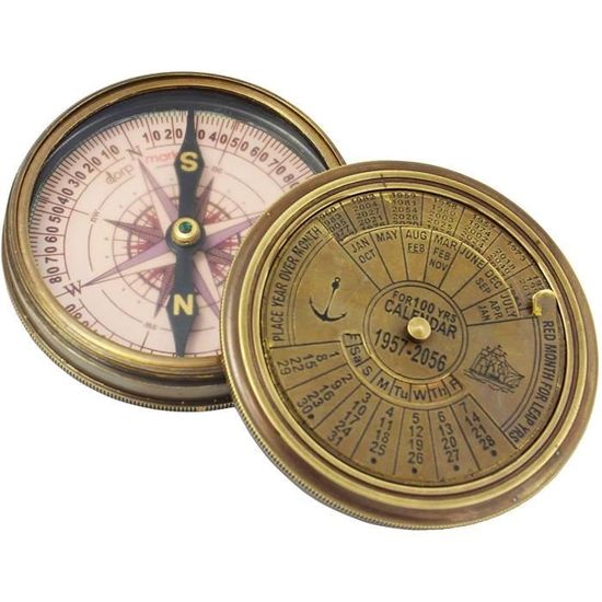 Boussole Calendrier En Laiton Antique - Avec Boîte Vintage - Objet De Collection Marine