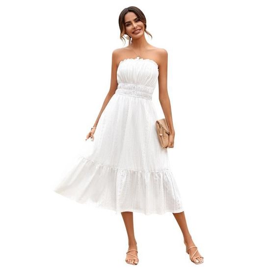 Robe Femme Longue Bustier Stretch Taille elastiquee Casual Plisse Couleur unie Blanc Cdiscount Pret a Porter