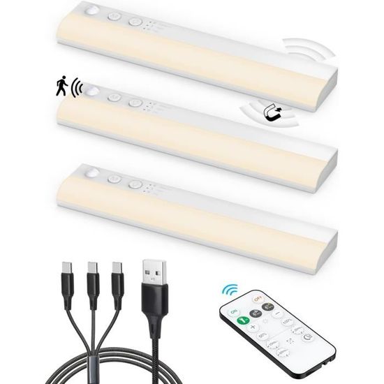 Lampe Placard à Détection De Mouvement - 20cm LED Rechargeable USB, Télécommande, Minuterie, Blanc Chaud - 12