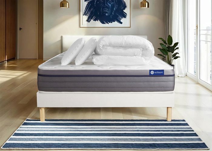 Pack prêt à dormir matelas Ressorts ensachés+Mémoire de forme ACTIFLEX ZEN 160x200 + sommier KIT blanc + 2 oreillers +couett