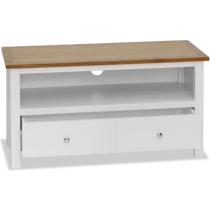 FHE Meuble TV 90x35x48 cm Avec 1 tiroir et 1 compartiment blanc et marron Bois de chêne massif MDF