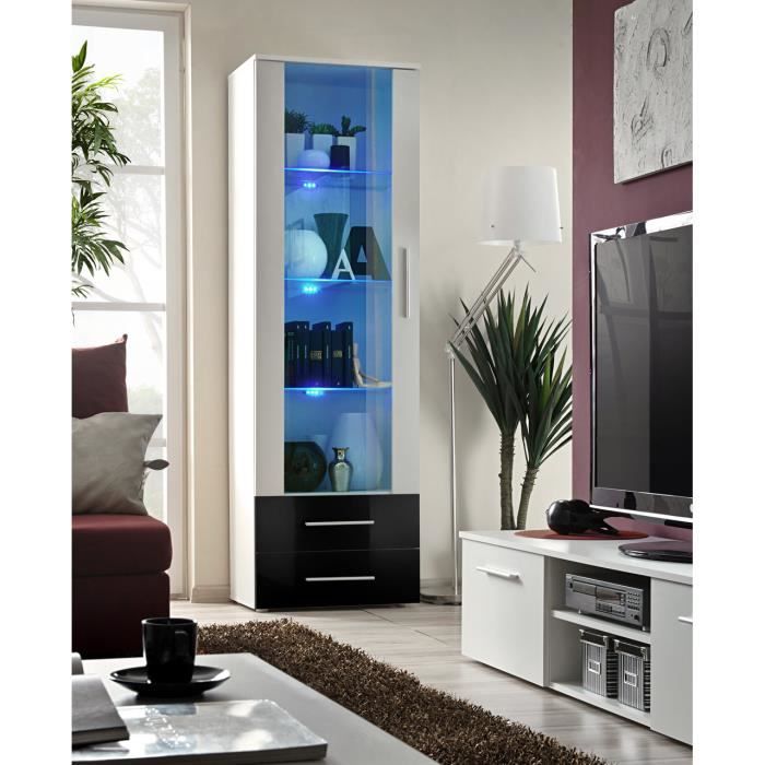 PRICE FACTORY - Vitrine NEO 1 design, coloris blanche et noire brillante + LED. Meuble moderne et tendance pour votre salon.