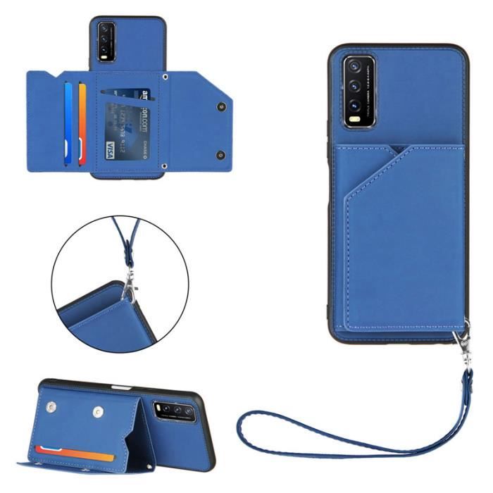 Coque Vivo Y20, Fente de Cartes Cuir Silicone Élégante Durable Ultra-fin Légère Support Antichoc, Bleu