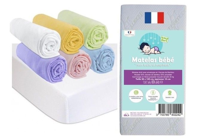 KIT PRATIQUE BEBE Matelas 60x120 Lit bébé Lit Parapluie + 6 Draps housse Coton + 2 Alèses Coton | Oeko-Tex |Fabrication France UE