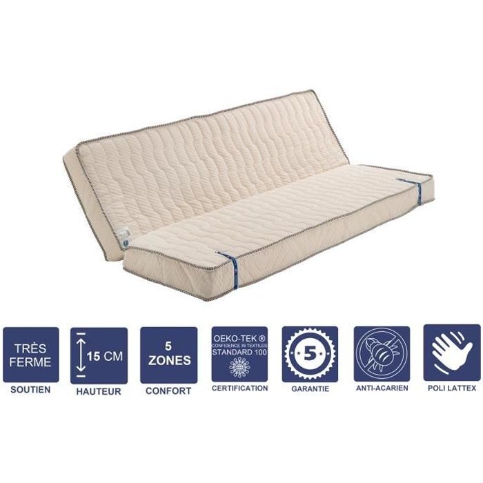 Matelas Très Ferme Pour tous Clic Clac 120x190 x 15 cm - Découpe Assise 60 cm - 5 zones de Confort - Noyau Poli Lattex HR Dernière