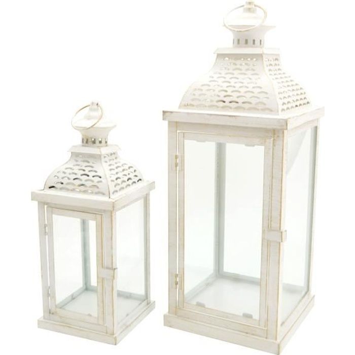 Rebecca Mobili 2 Bougeoirs Lanternes Métal Pvc Blanc Shabby 50x19x19