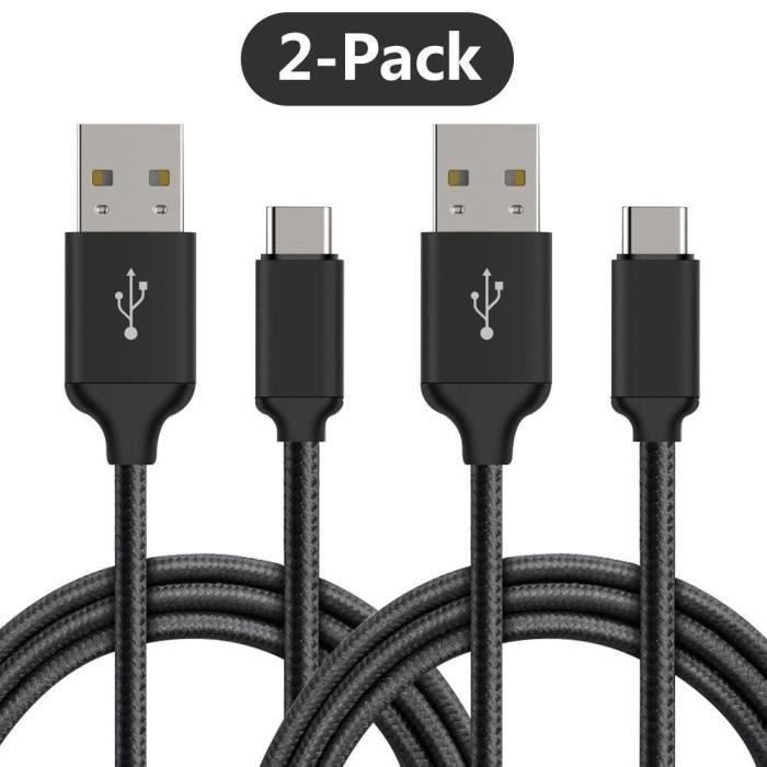 2 Câbles TYPE C , USB C de recharge et de Transfert pour Samsung Galaxy A21S ( 1 mètre + 2 mètres -Noir )