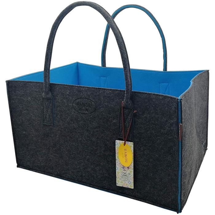 RAIKOU Sac en Feutre,Cabas Courses,Panier Plage Pique-Nique,Sac bûches,Sac bois,Panier Linge,Rangement Jardin,Noir/Bleu,50x34x27cm