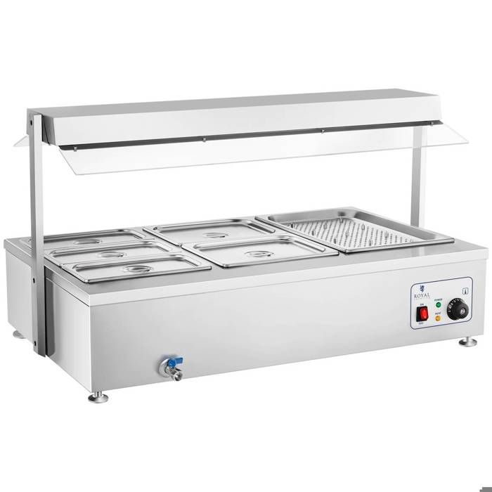 Bain Marie chauffant Chauffe-plat 6 bacs GN 1/1 1/2 1/3 Royal Catering RCBM-6WA (réglable jusqu‘à 110 dc 71x112x635cm inox)