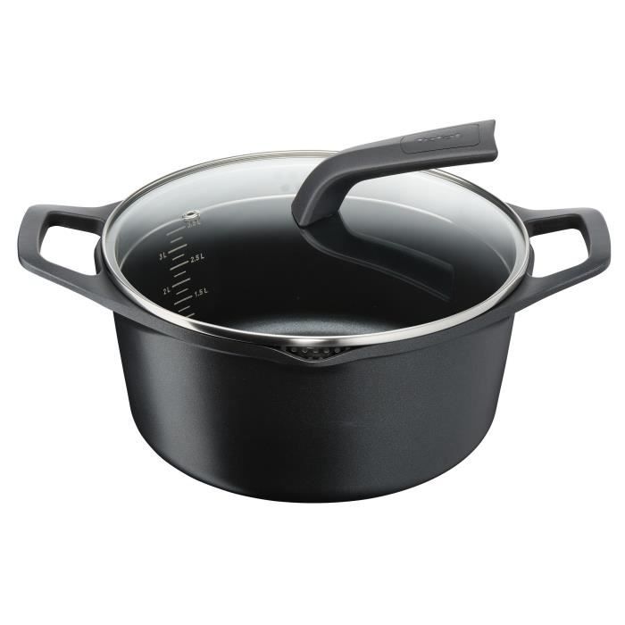 TEFAL E2154674 Faitout 24 cm AROMA - Capacité 5L - Fonte d'aluminium - Tous feux dont induction - Couvercle verre - Noir