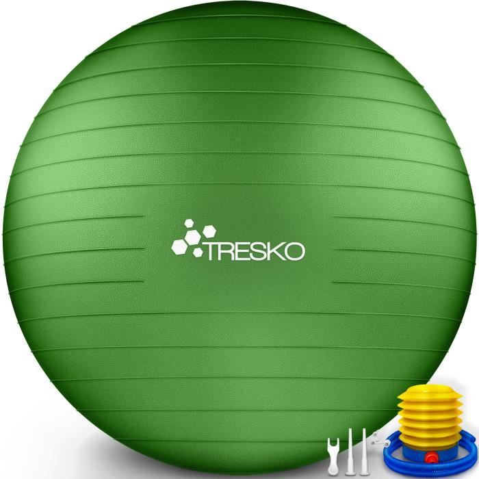 TRESKO Ballon Fitness Yoga Balle d’Exercice Antidérapant Balle Gymnastique avec Pompe 300 kg | avec pompe à air | Verte | 55cm