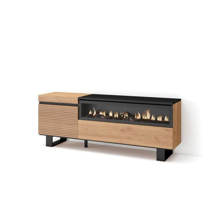 Meuble TV Banc Télé 150x35x57cm Pour les TV jusquà 65 Cheminée électrique Design industriel Chêne RF3303