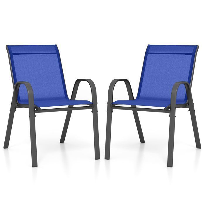 COSTWAY Lot de 2 Chaises de Jardin Tissu Respirant Chaises à Manger Empilables avec Accoudoirs pour Patio Terrasse Porche Bleu