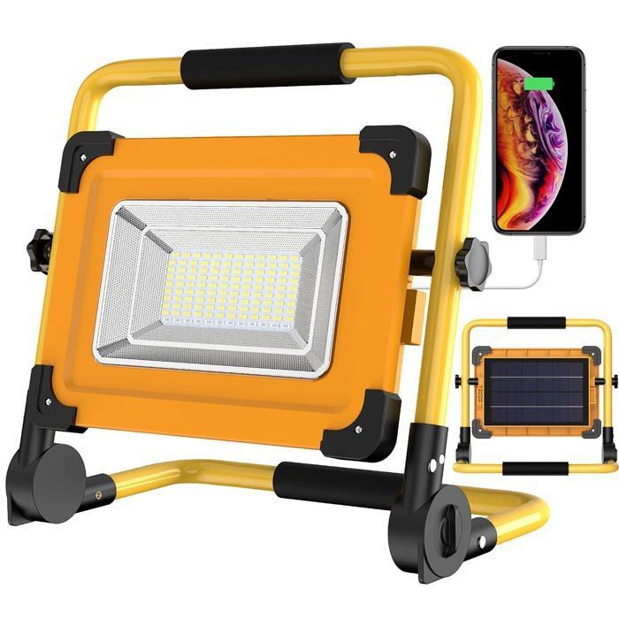 Projecteur Chantier LED Rechargeable Solaire 100W 120 LED Lampe de Travail 12000mAH Batterie Étanche USB Banque dalimentation