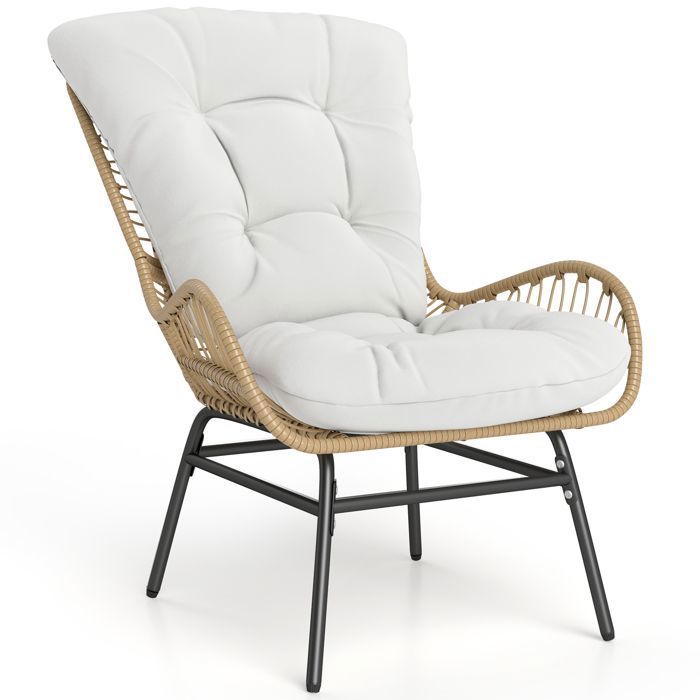 COSTWAY Chaise de Jardin Extérieur en Rotin PE avec Coussin Doux et Cadre en Métal Charge 180 kg pour Porche Balcon Salon Patio