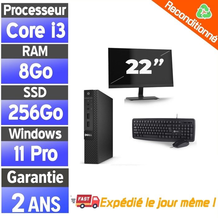 Pack Bureau Dell 3020 Mini + Écran 22 – PC Fixe Compact – SSD – 8Go RAM – Win 11