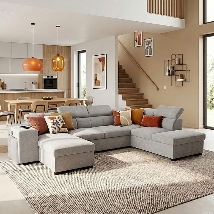 SIRIUS Canapé dangle panoramique reversible convertible gris clair (tissu lisse) - Taille XL - 6 places - 334 x 219 x 94