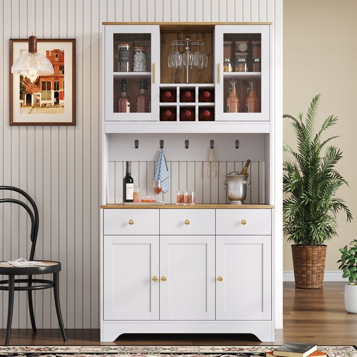 Vitrine - MODERNLUXE - 94.5x30x175.5 cm - 5 portes et 3 tiroirs - Aspect bois - Blanc