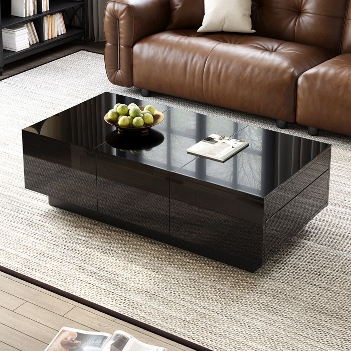 Table basse extensible - MODERNLUXE - 100x31x50 cm - 2 tiroirs - Finition brillante - Noir - Facile à nettoyer Table basse extensible - MODERNLUXE - 100x31x50 cm - 2 tiroirs - Finition brillante - Noir - Facile à nettoyer