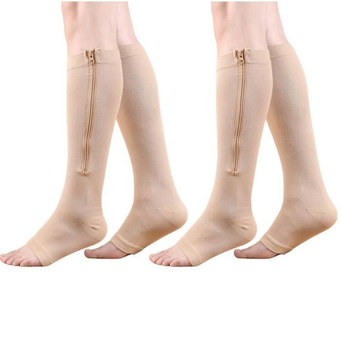 Chaussettes de Compression Médicale à Glissière 15-20 mmHg 2 Paires Bas de Contention Ouvert Femmes et Hommes Soutien - Beige