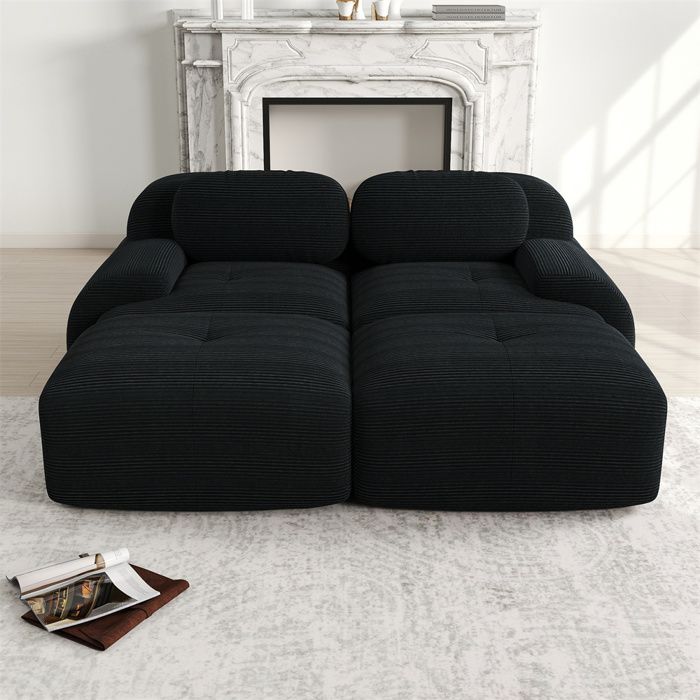 DRIPEX Canapé modulable en velours côtelé - 2 places - avec 2 oreillers et 2 poufs - dessous antidérapant - 208x178x70cm - Noir