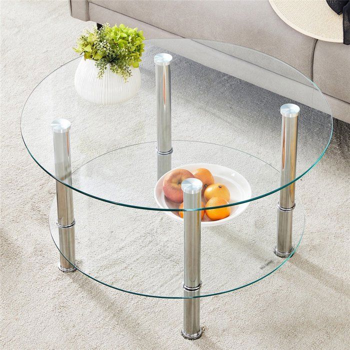 Table Basse Transparente Ronde en Verre Trempé Double Plateau Pieds Métal Stables Table Basse Salon Moderne Minimaliste 70x42 cm