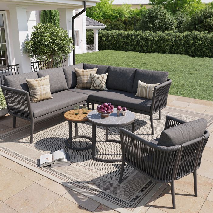 Salon de jardin - KOMHTOM - Modulaire 5-6 places - Gris - Assise en corde - Ensemble lounge 6 pièces Salon de jardin - KOMHTOM - Modulaire 5-6 places - Gris - Assise en corde - Ensemble lounge 6 pièces