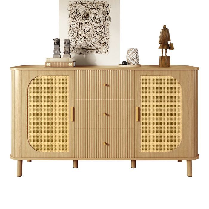 Buffet bas - SOGEU - Moderne ovale - Portes rotin - Tiroirs ondulés 3D - Pieds métal effet bois
