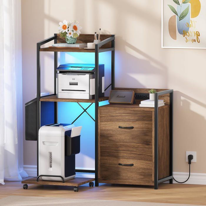 Triumpunpre Étagère pour imprimante grand classeur avec éclairage LED meuble à imprimante à 4 niveaux pour formats A4 Lettre Brun