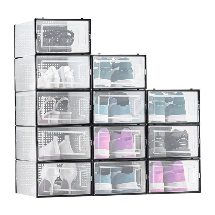 Luscriate - Lot de 12 boîtes à chaussures empilables organisateur plastique noir rangement modulable – jusqu’à pointure US 11
