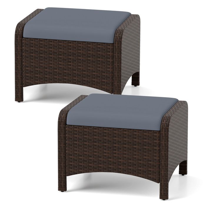 Lot de 2 Tabourets de Jardin COSTWAY en Rotin PE Coussin Rembourré Gris Table ou Assise Supplémentaire Repose-pied Charge 180 kg