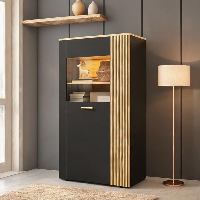 Meuble de rangement pour salon avec portes vitrées LED 16 couleurs noir mat et bois naturel 146 cm de haut