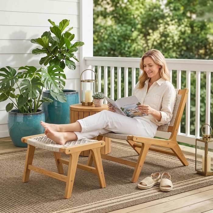 Fauteuil de jardin avec repose-pieds 2 pièces en acacia FSC assise en rotin style bohème pieds réglables