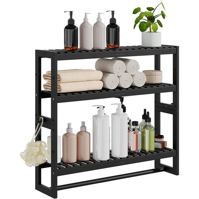 Étagère de rangement pour salle de bain 3 niveaux réglables en bambou - Avec barre suspendue ou autoportante sur toilettes - Noir