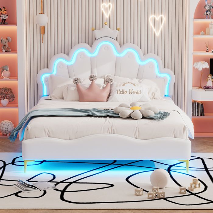 Lit évolutif enfant princesse 140x200 cm LED sommier à lattes lit double rangement PU blanc sans matelas