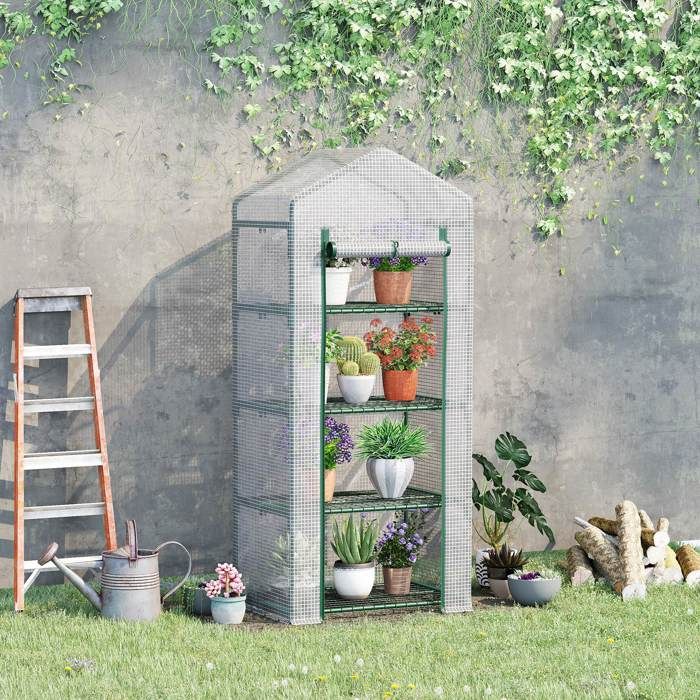 Mini serre de jardin blanche 70 x 50 x 160 cm serre de culture à film plastique équipée de 4 étagères pour plantes vertes