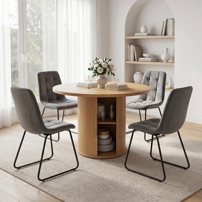 JIEXI Ensemble table de salle à manger ronde et 4 chaises table de rangement chaises de salle à manger en tissu flanelle gris